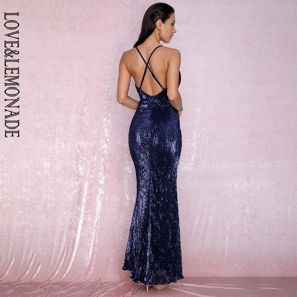 

LOVE&LEMONADE Sexy NAVY Open Back Cross Split Sequins Party Maxi Dress LM81876