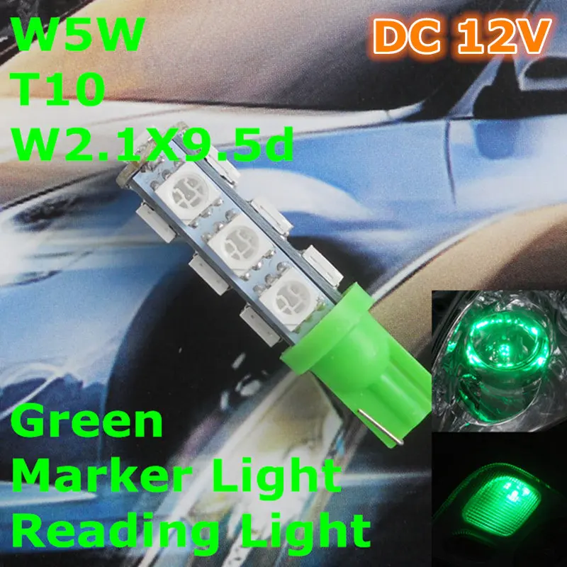 12V светодиодный зеленый цвет автомобильная лампа T10(13*5050 SMD)W5W W2.1X9.5d для сигнала Топ