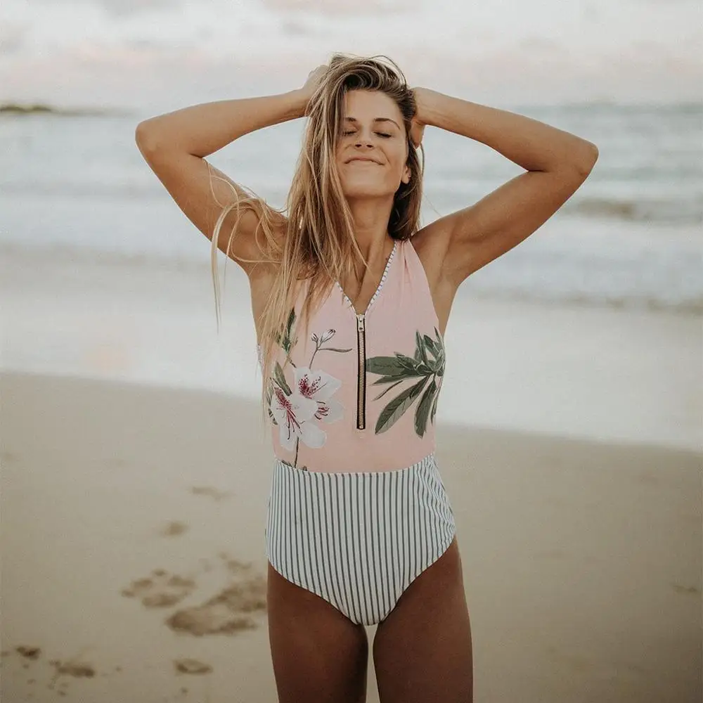 Женский слитный купальник с цветочным принтом черный лоскутный монокини высокой