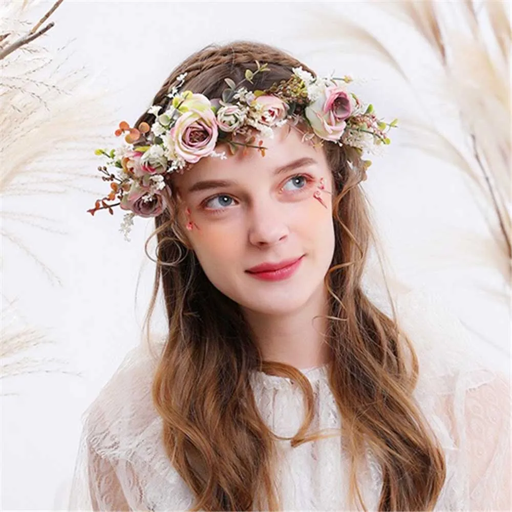 

Sweet bride Sen female garland hair band dry flower headdress beige white crepe hair accessories headband bracelet