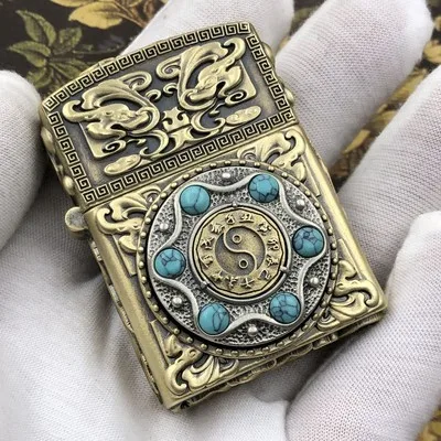Винтаж латунь Зажигалка бензиновая Китайский классический стиль «good luck 2 двусторонний рисунок вращающиеся сигареты бензиновый зажигалка подарок
