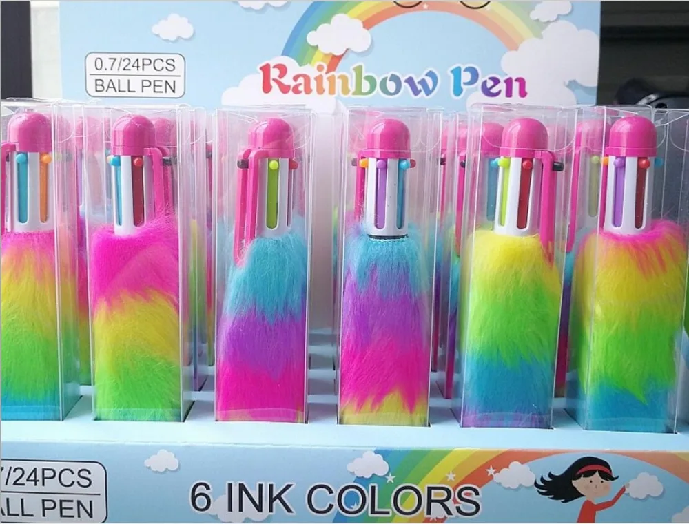 Фото Многоцветная шариковая ручка с радужным пухом 6 в 1 школьные призовые подарочные