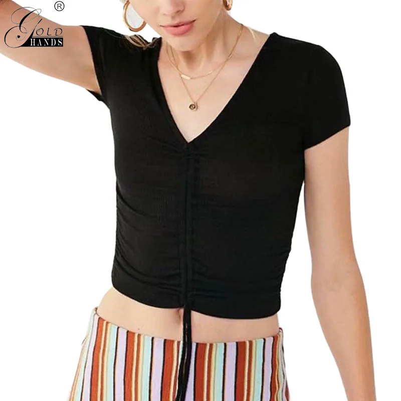 Золотые руки Лето Осень Женская Новая мода v образным вырезом уличная одежда кроп
