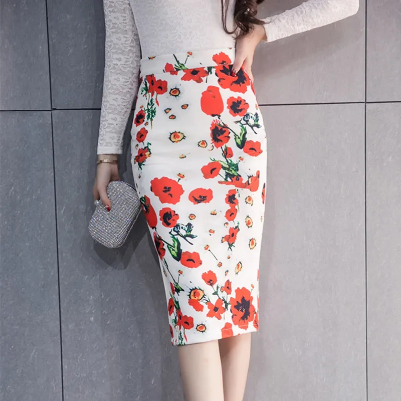 Новые летние 2017 из органической кожи Модные Цветочные офис миди юбки с принтом