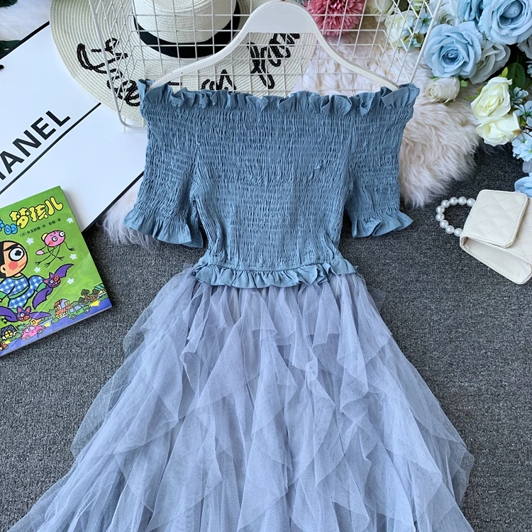 Женское платье с открытыми плечами ALPHALMODA Сетчатое асимметричное оборками в