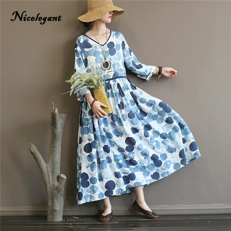 Nicelegant v-образным вырезом Vestido Женщины Осень Новый Tie-dye точки с длинным рукавом