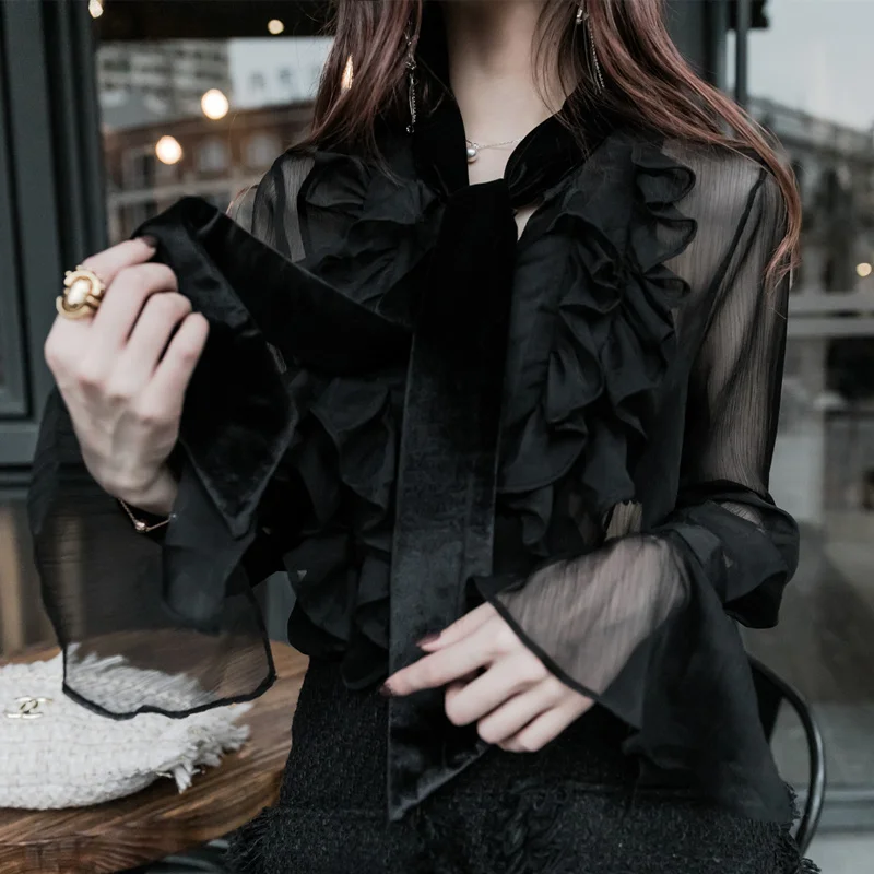

Chiffon ruffles black elegant flare sleeve blouse and shirt high street sexy top