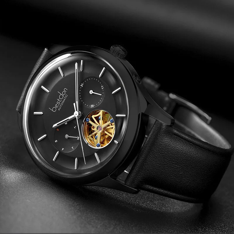 Black-black-leather Bestdon изогнутые мужские часы, швейцарские механические часы, модные спортивные часы со скелетом, роскошные брендовые кожаные часы, мужские часы - Цвет: Black-black-leather