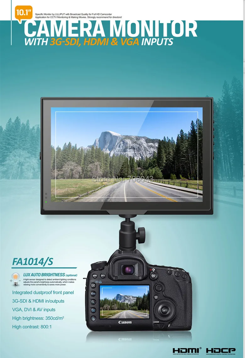 Lilliput FA1014/S 10 дюймов 16:9 HD-SDI для контроля уровня сахара в крови с HDMI, VGA, AV+ 7 дюймов шарнирное сочлененное крепление+ пластина аккумуляторной батареи с v-образным крепежом