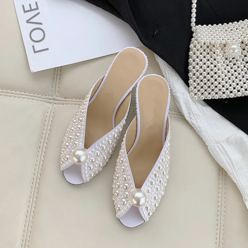 Женские босоножки с открытым носком белые повседневные сандалии жемчугом