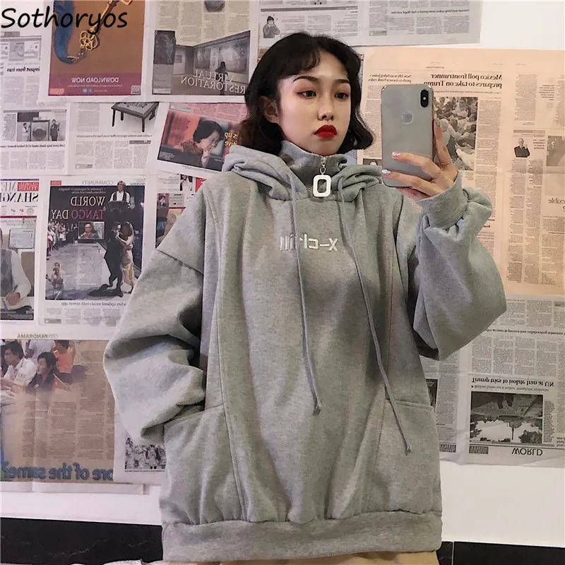 Толстовки с капюшоном толстые плюс бархатные карманы Harajuku Пуловеры женские топы с длинными рукавами Ulzzang студенческие большие толстовки трендовые