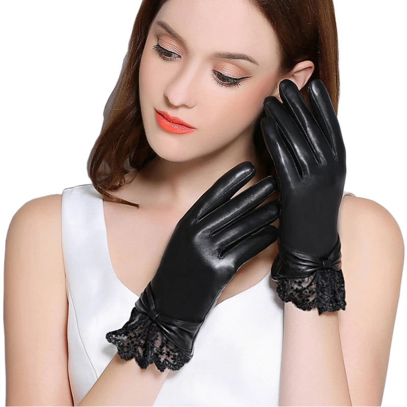 Genuine Leather Gloves Women Winter Plus Velvet Thicken Fashion Black Wrist Lace Driving Touchscreen Sheepskin Gloves F8008