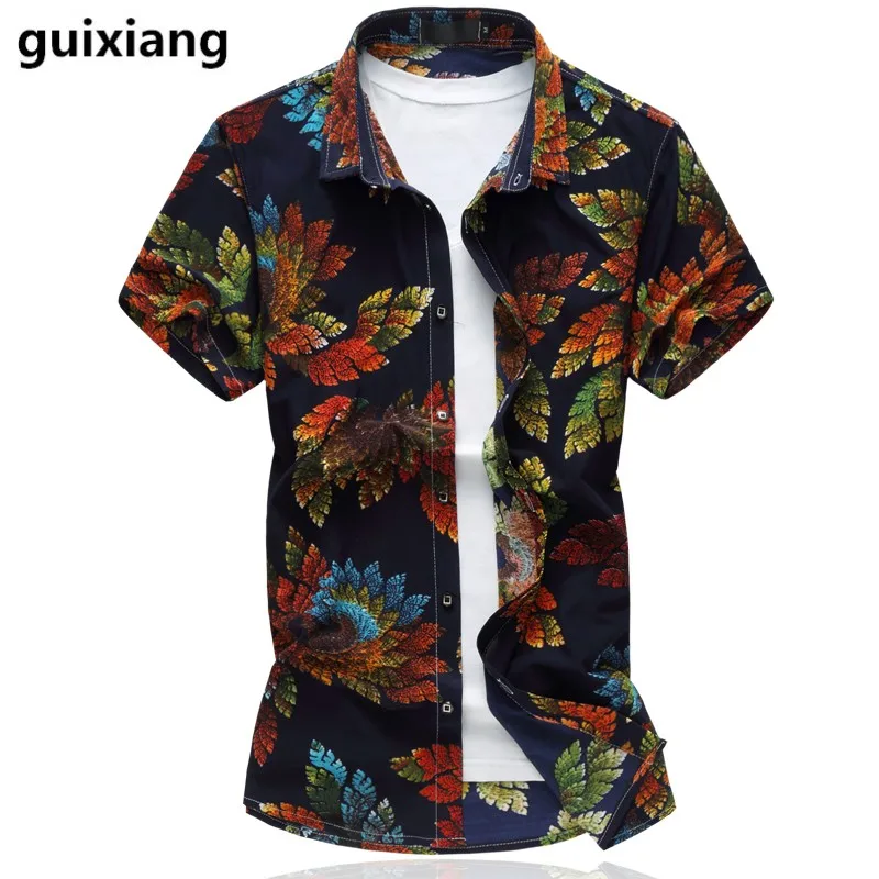 

2017 summer shirt men's casual leaves pattern printing short sleeves shirts men High quality cotton and silk shirts men