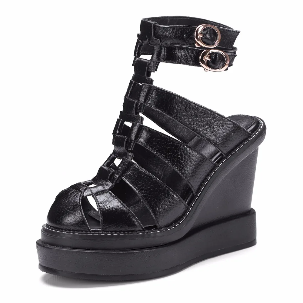 Женская летняя обувь на танкетке 11 см из натуральной кожи с круглым