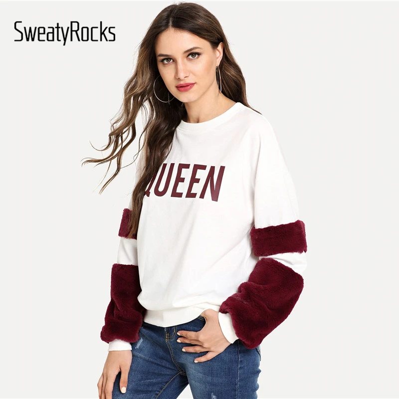 Свитер SweatyRocks, белый, Повседневный, искусственный мех, украшенный буквами, толстовка с длинным рукавом, пуловеры, новинка, Осенние, для отдыха, женские толстовки