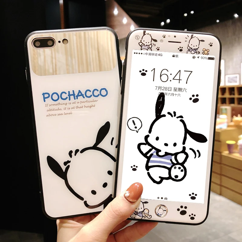 Чехол Pochacco dog Для iPhone 8/7 plus стеклянная зеркальная крышка и закаленная пленка для 6 s