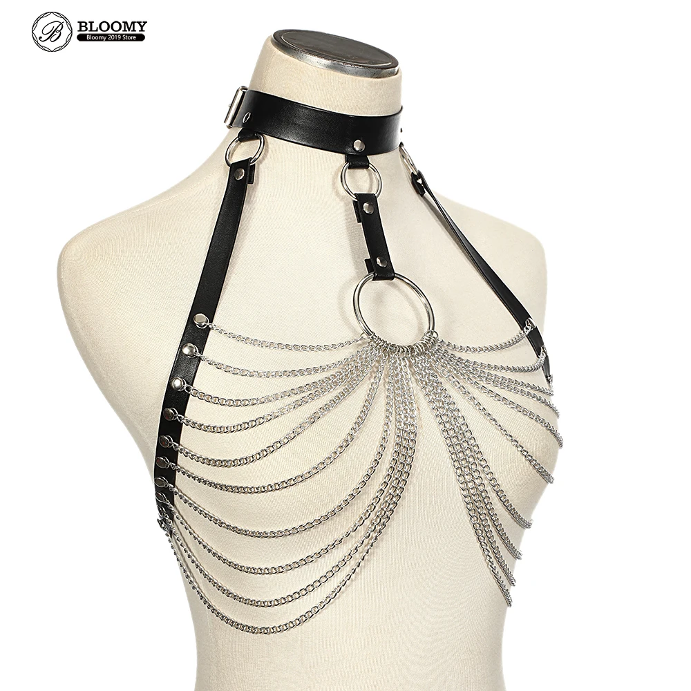 Женский кожаный бюстгальтер готический панк рок ошейник с цепочкой сексуальное