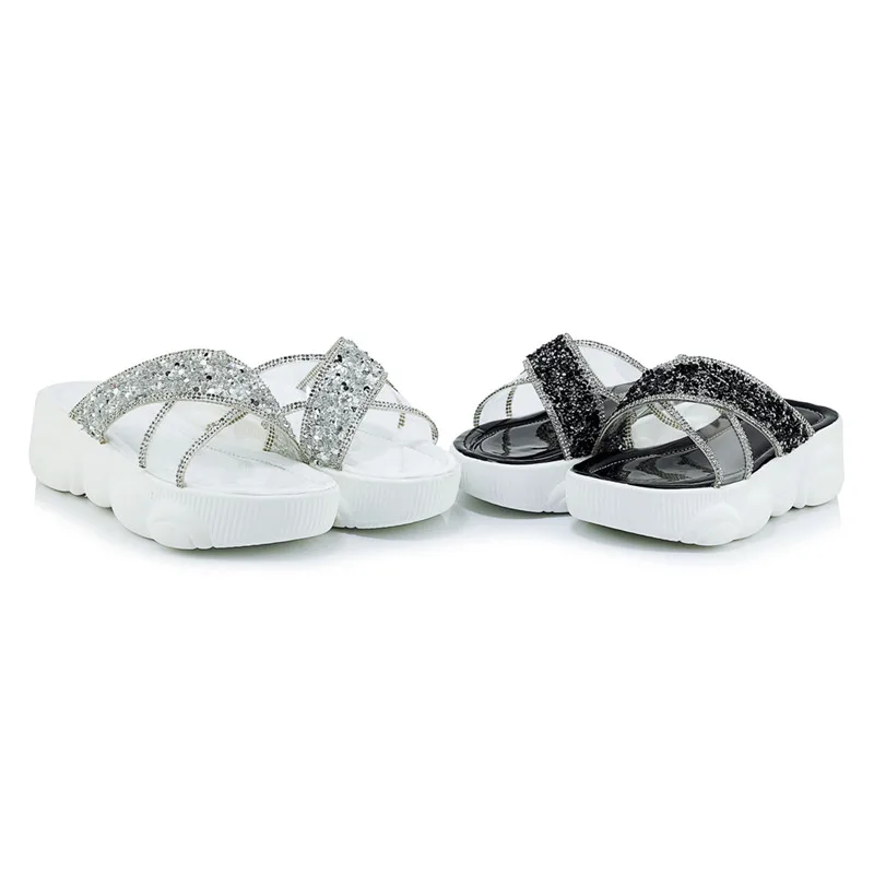 Женские босоножки с кристаллами MoonMeek черные повседневные на плоской платформе