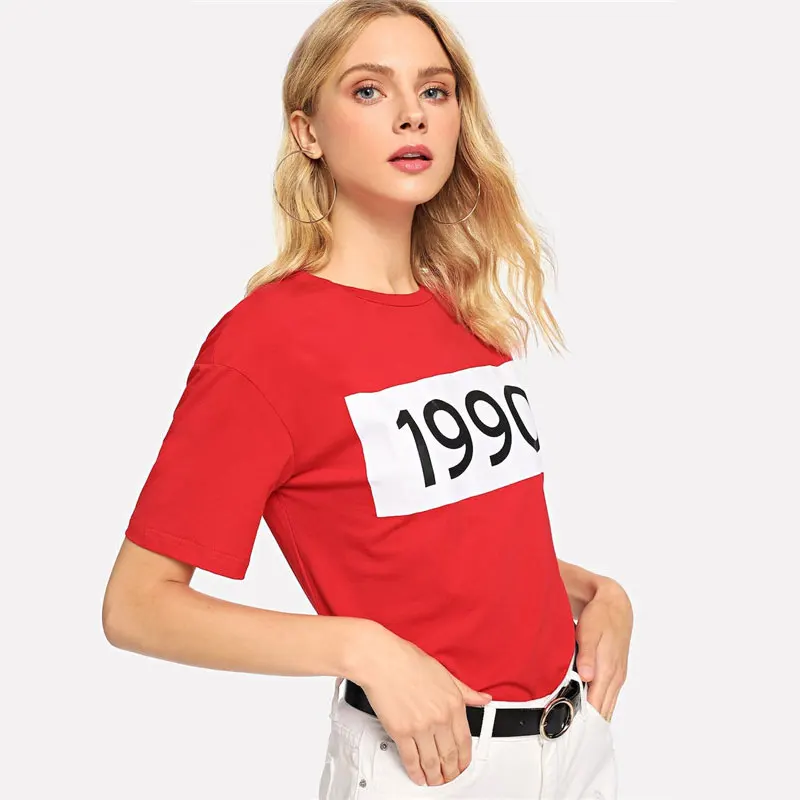 SHEIN Футболка С Текстовым Принтом И Коротким Рукавом Женские Летние Пуловеры С Круглым Вырезом С Коротким Рукавом