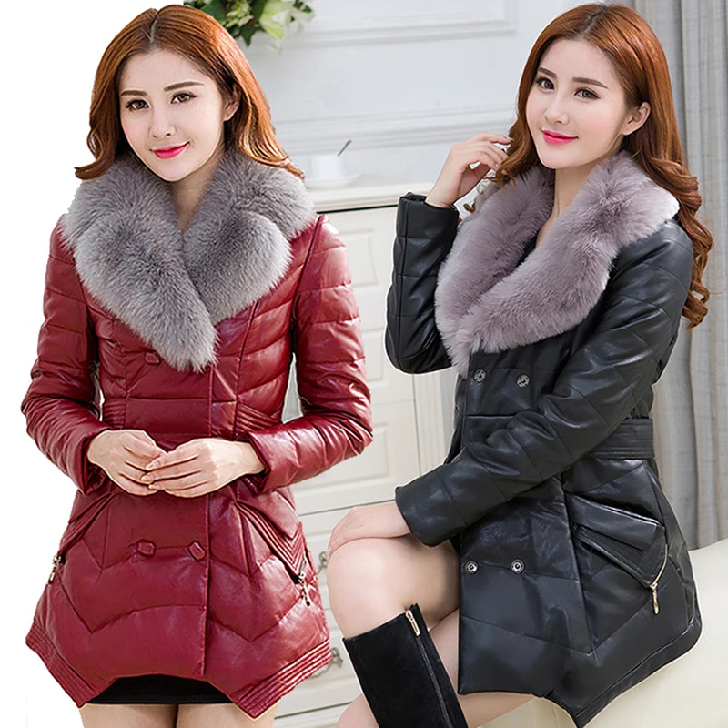 

2020 Warm Thicken Faux Fox Fur Collar Sheepskin Leather Jacket Women Parka Winter Jacket Hot Casaco Feminino Plus Size WUJ0564