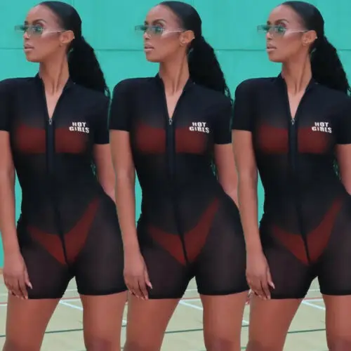 Женский прозрачный комбинезон с коротким рукавом облегающий клубный на молнии