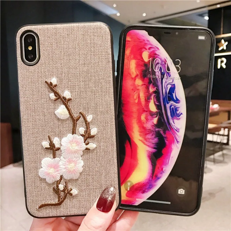 Вышитый Чехол для iPhone X XR XS Max тканевый ПУ + Мягкий ТПУ силиконовый чехол с цветком