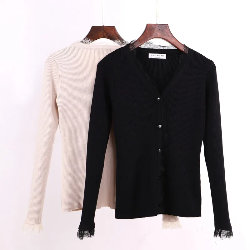 GIGOGOU Spring Autumn Open Women Cardigans 2019 Sexy V Neck Sweater Coat Long Sleeve Slim Solid Lace Hitz Air Jacket |