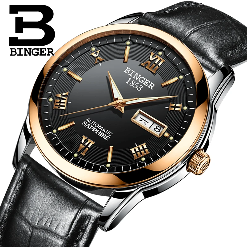

Switzerland watches men luxury brand Wristwatches BINGER luminous Mechanical Wristwatches leather strap Waterproof BG-0383-15