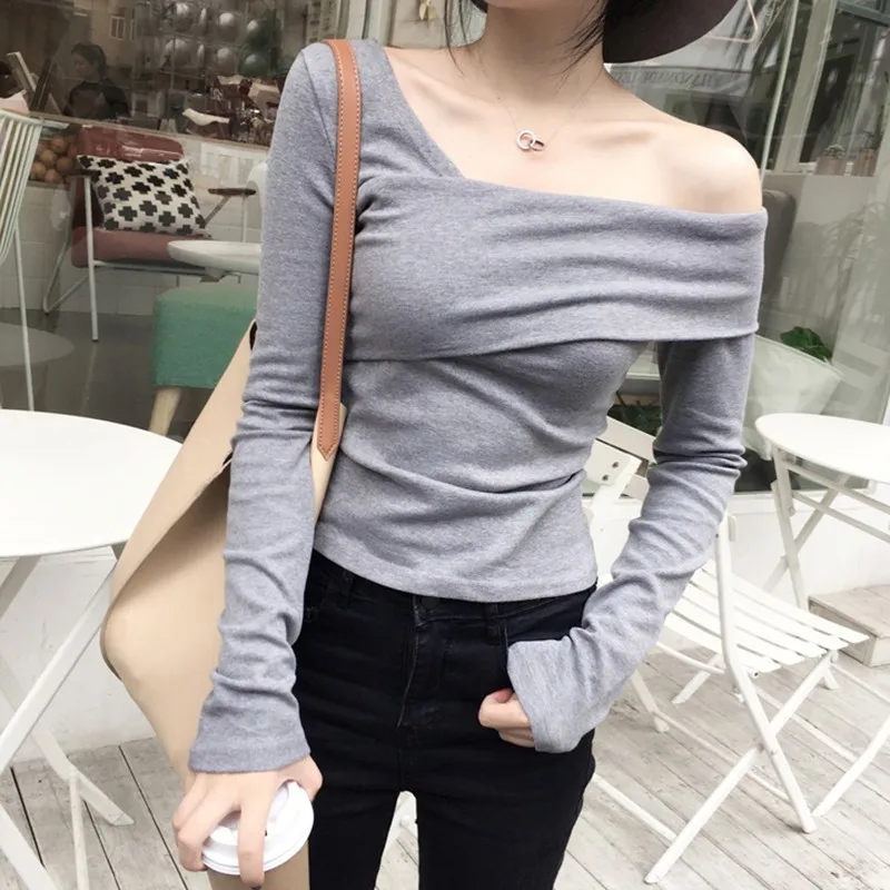 gray TWOTWINSTYLE повседневные футболки с открытыми плечами женские тонкие с длинным рукавом Необычные черные сексуальные топы женские Осень корейская мода - Цвет: gray
