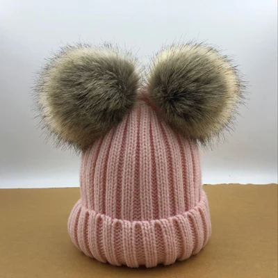 pink Зимняя теплая шапка Gorros Para Bebe для маленьких мальчиков и девочек, большой размер 15 см, помпон из искусственного меха, детские вязаные шапочки - Цвет: pink
