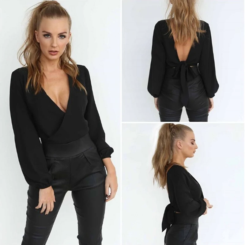 Женская короткая шифоновая блузка с длинным рукавом и v-образным вырезом
