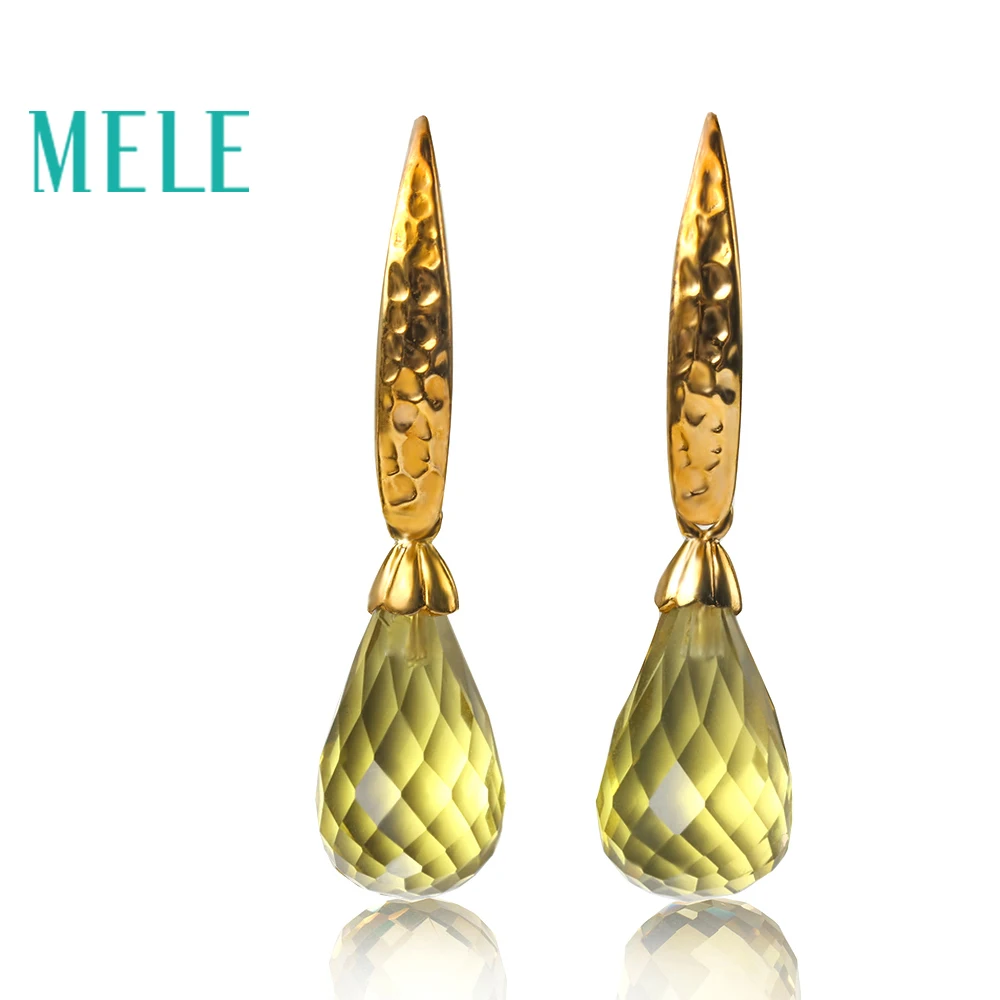 

Natural Citrine silver Earring Lemon Quartz gemstone Eardrop Drop cut 10X20mm Golden 925 silver Long earrings Glittering Aura