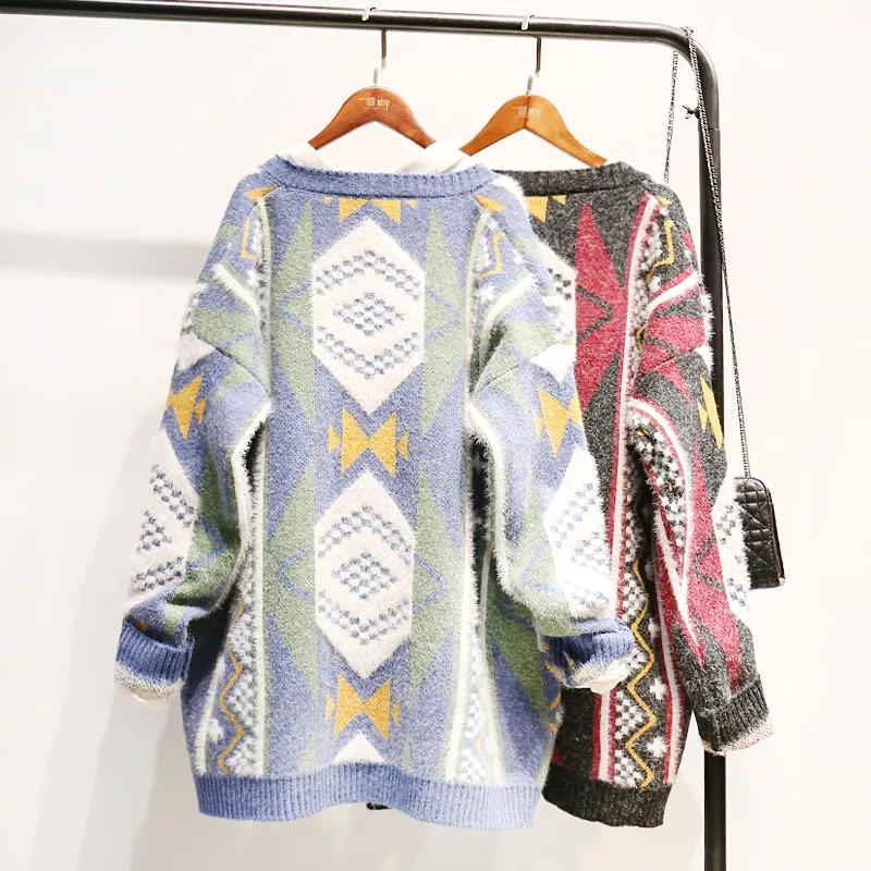 Winter Single Breasted Sweater Cardigan Women's Loose Long 2018 Autumn New Lazy Wind Korean Edition Color Mohair Knit Jacket |