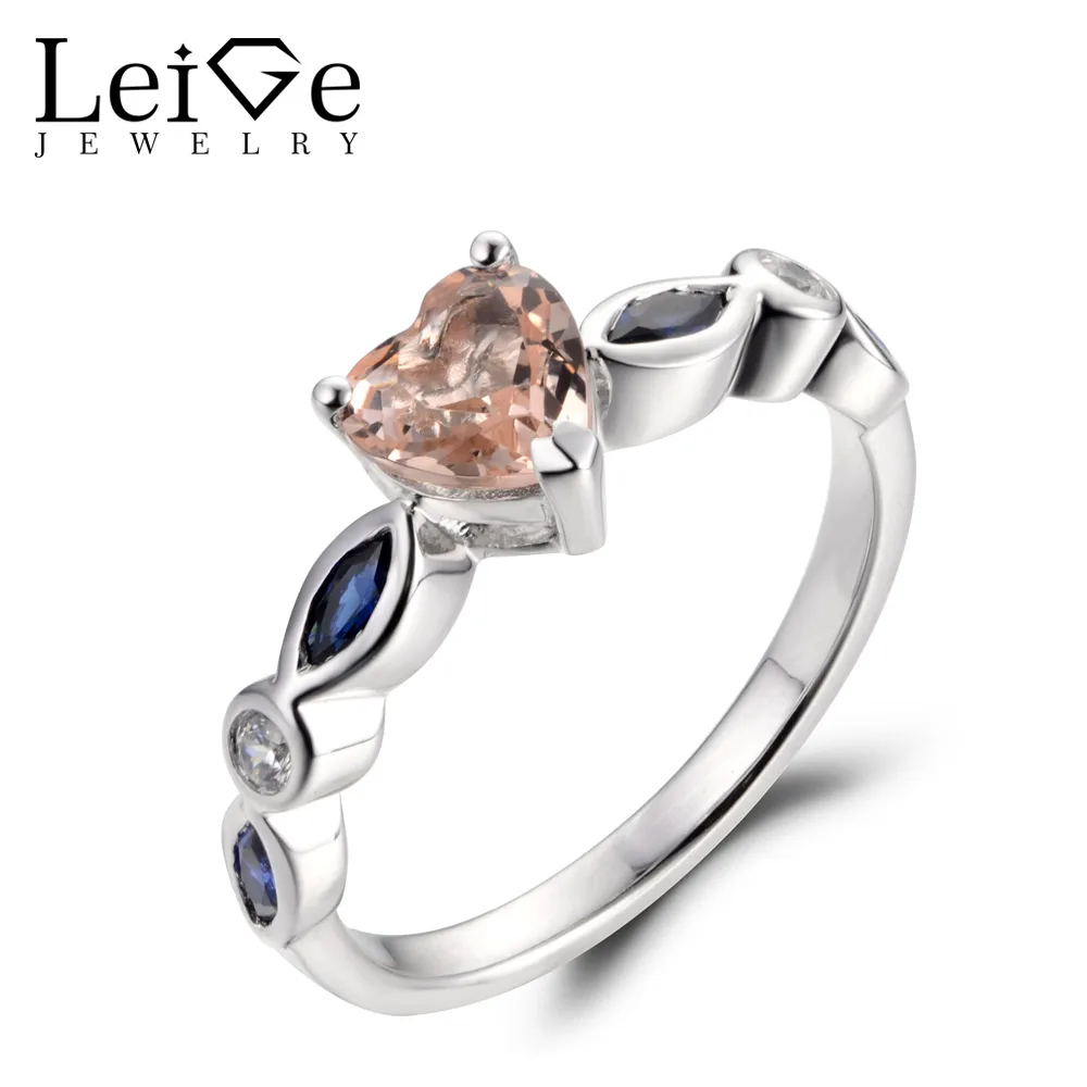 

Leige Jewelry Real Natural Pink Morganite Ring Cocktail Party Ring Hear Cut Pink Gemstone Genuine Solid 925 Sterling Silver Gift