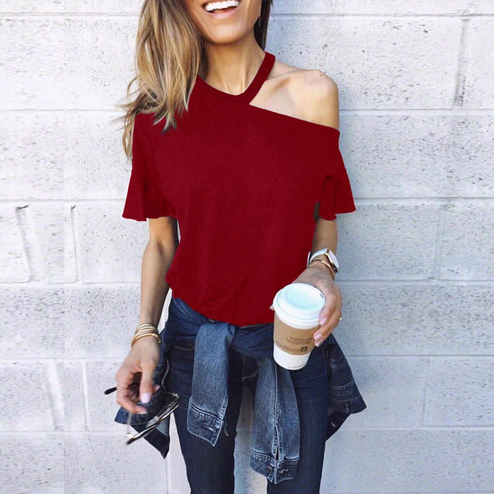 Женская футболка с коротким рукавом Повседневная открытыми плечами большие
