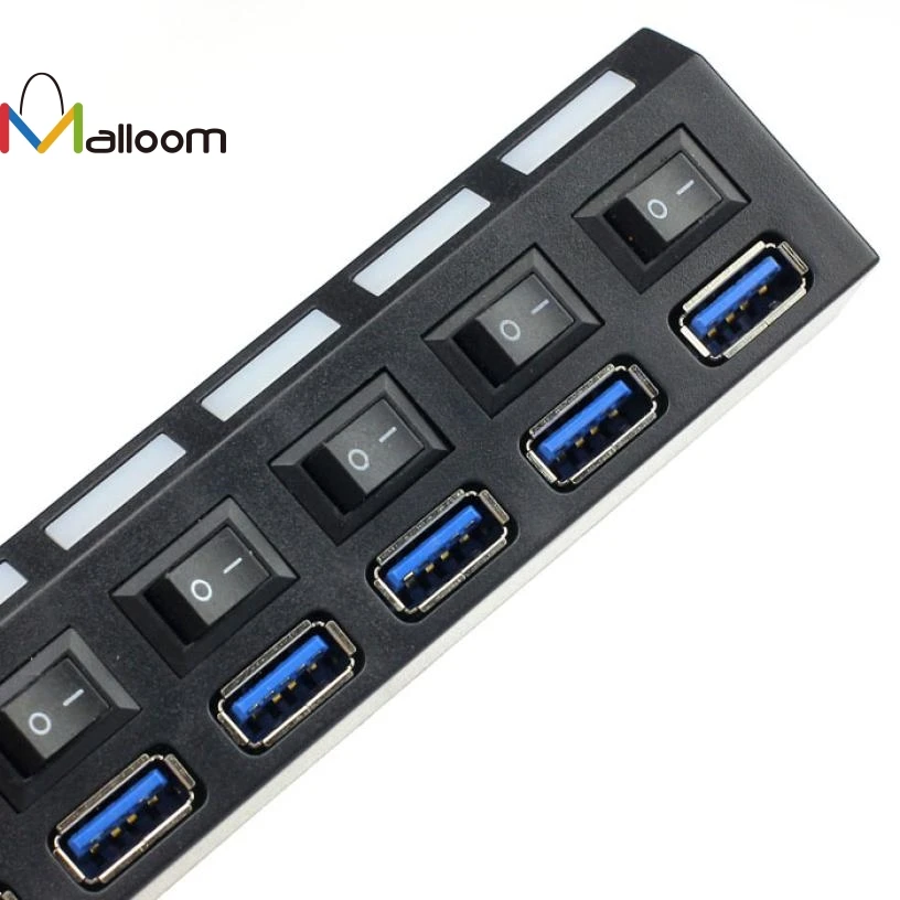 Malloom, Новое поступление, 7 портов, USB 3,0, концентратор, высокая скорость, с адаптером питания для ПК, ноутбука, ноутбука, бесплатный штепсельный адаптер# QD10LR12