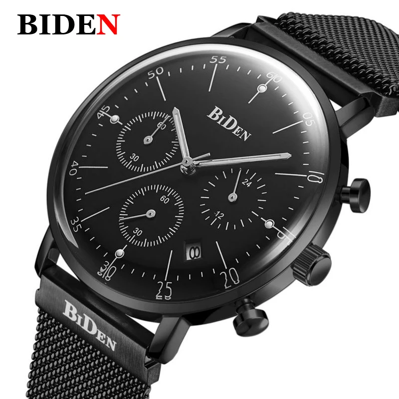 Модные Повседневные Роскошные Брендовые мужские часы BIDEN черные миланские