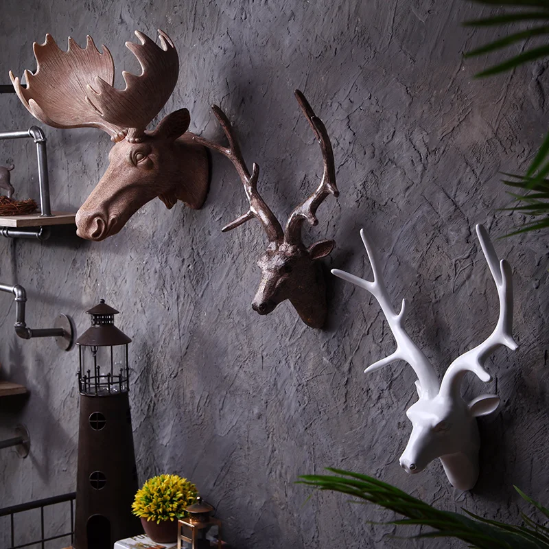Настенная скульптура украшения статуя фрески для дома смола голова оленя ручная