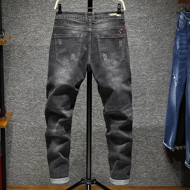 Джинсы мужские облегающие с вышивкой модные повседневные брюки-стрейч из денима