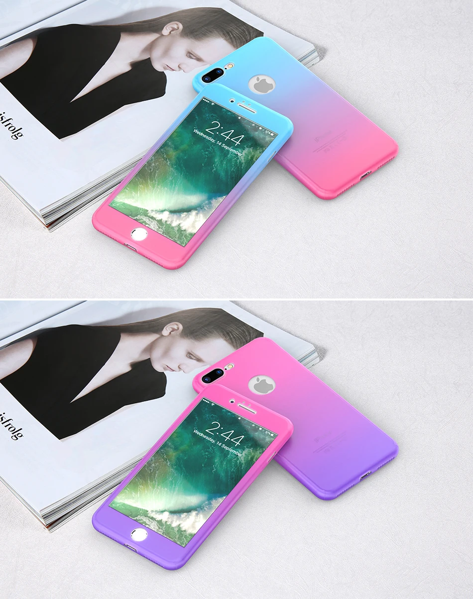 SEXY Newest Kisscase 360 градусов градиент Защитный чехол для iPhone 6 6 S 7 plus полный Для тела покрытие чехол для iPhone 6 S 7 Plus ракушками Капа чехол на айфон 6 7 6s Plus чехол чехол для телефона