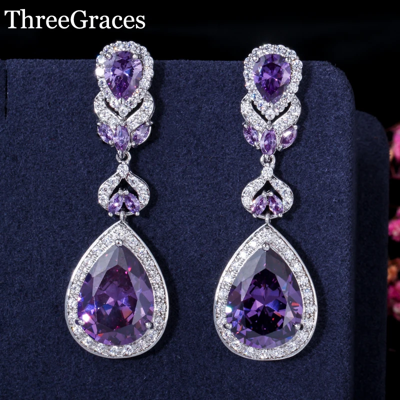 

ThreeGraces Luxury Design White Gold Color Purple Cubic Zirconia Crystal Women Long Drop Earrings For Wedding Jewelry ER022