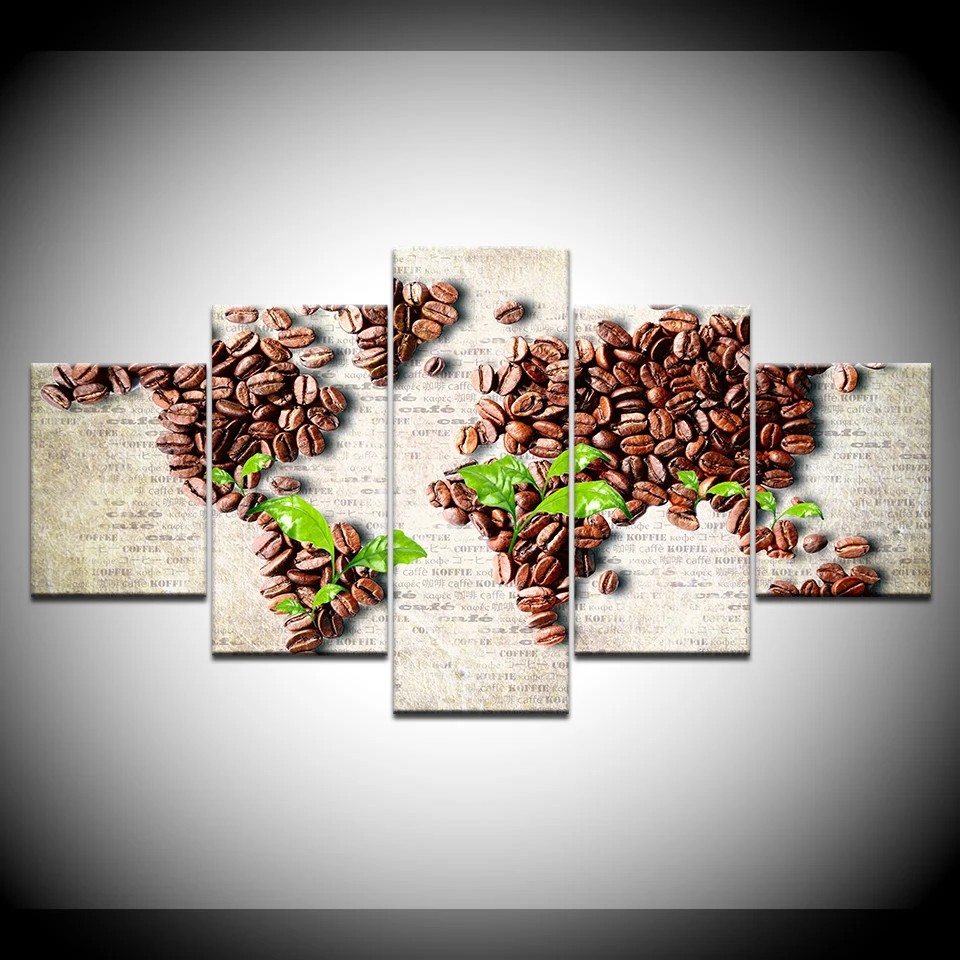 Картина на холсте с зелеными листьями кофейных зерен 5 шт. Настенная картина