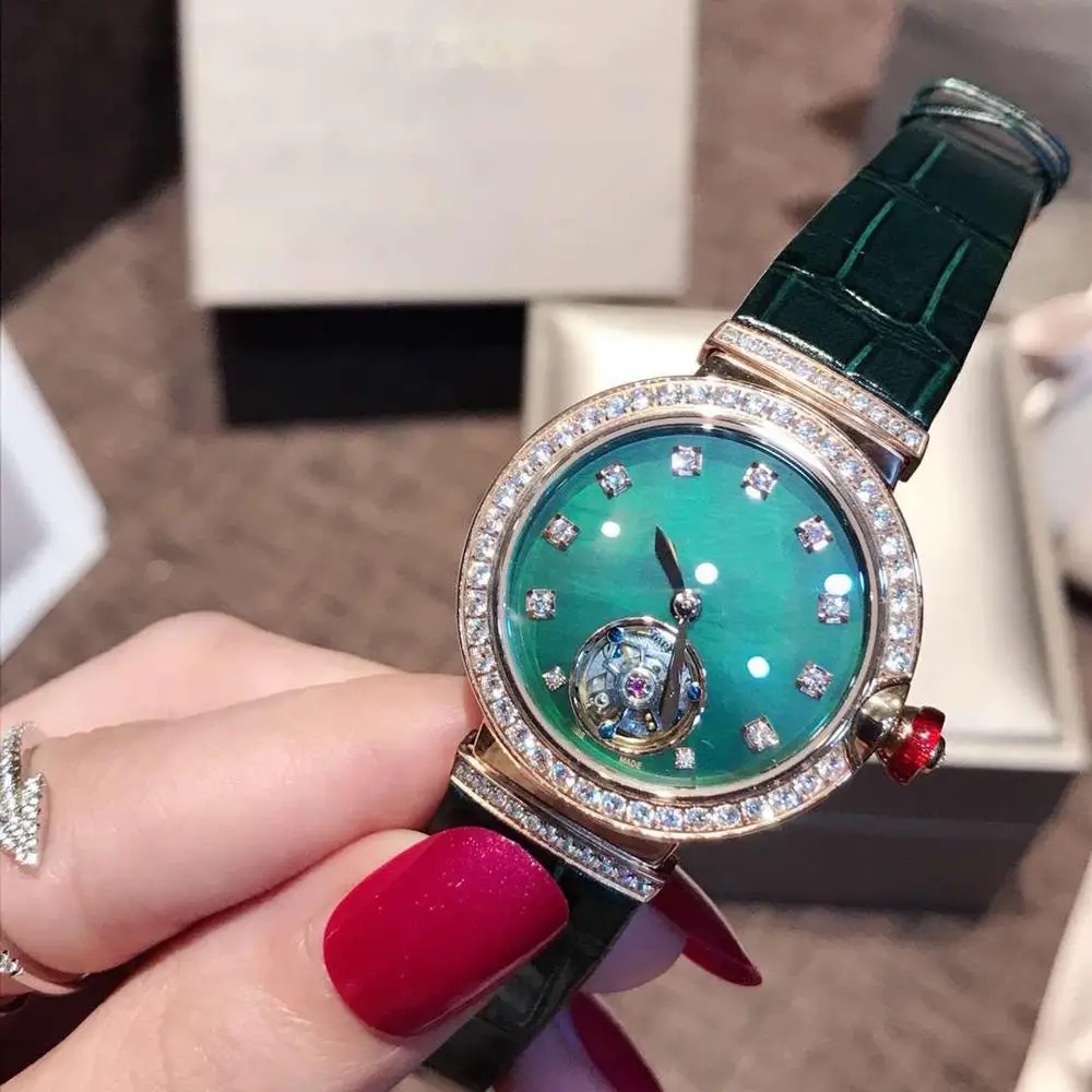 stone green roseGold Ремешок для часов из натуральной телячьей кожи 33 мм Круглый Циркон Камень наручные часы автоматические импортные механические часы для женщин - Цвет: stone green roseGold