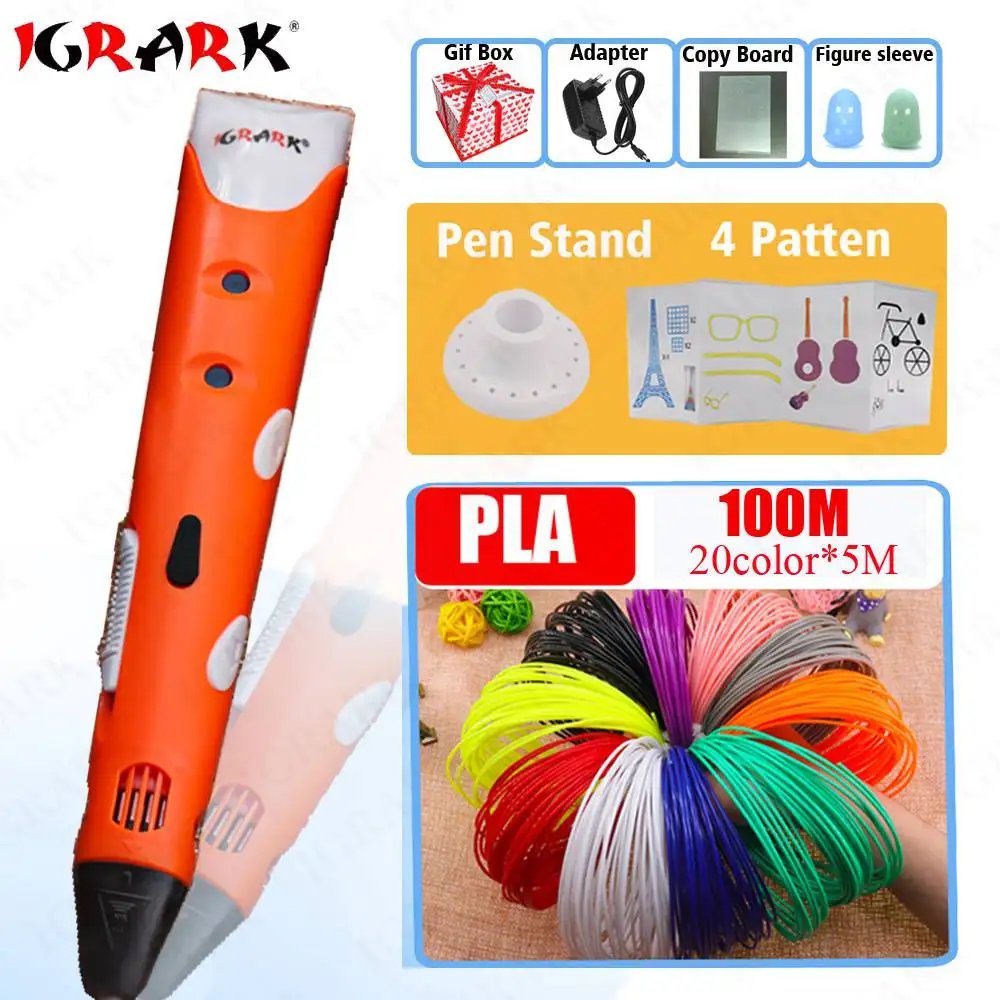 Orange And Pla100 IGRARK 3D ручка креативный 3D печать ручки интеллект рисунок 3d принтер Ручка PLA Смарт 3d чертежные ручки лучший подарок для детей принтер - Цвет: Orange And Pla100