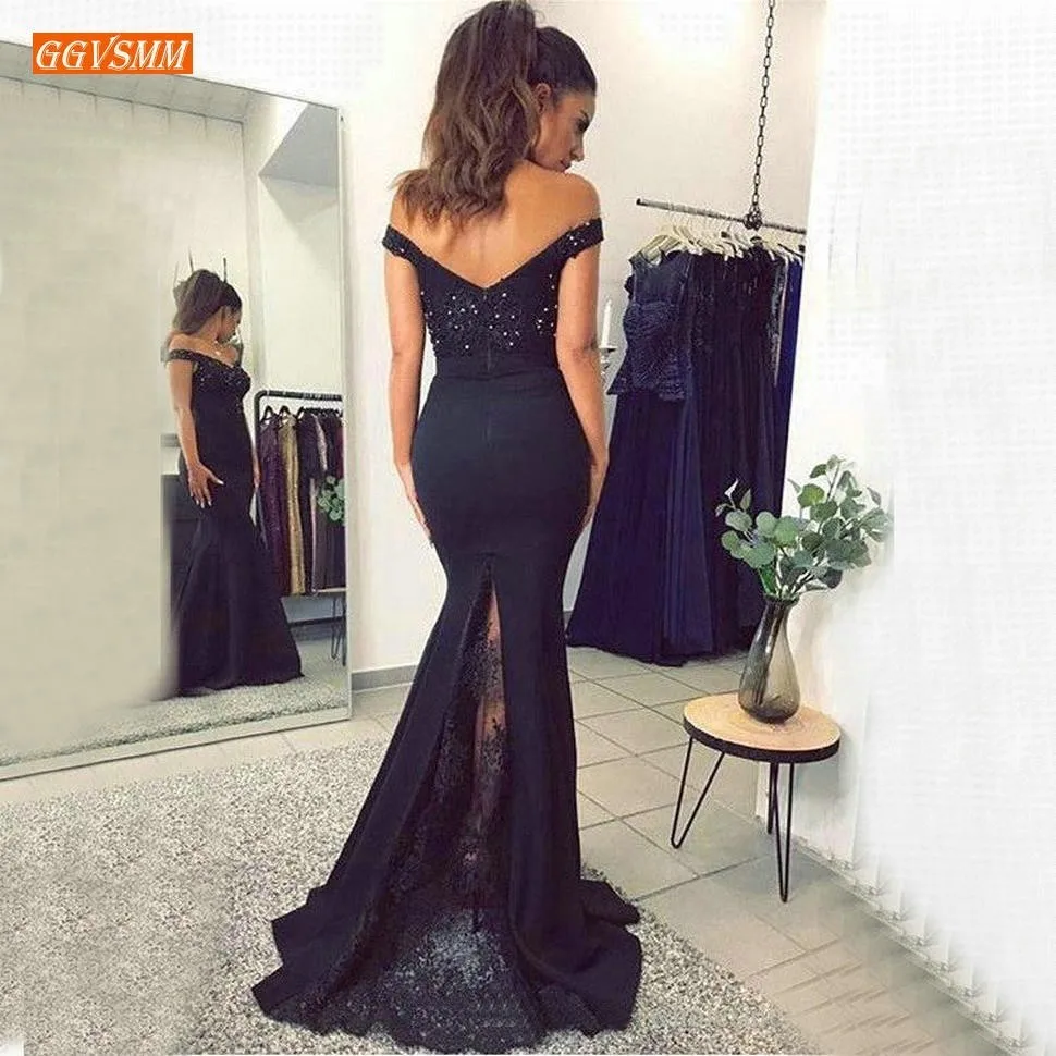 Модные черные вечерние платья с юбкой годе длинное женское кружевное эластичное