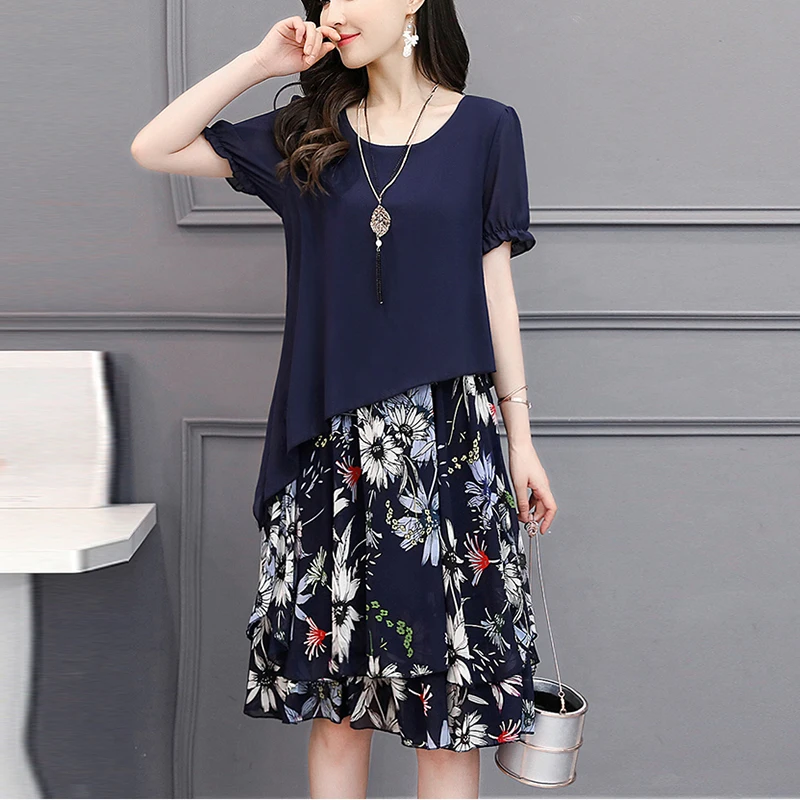 Женское шифоновое платье с цветочным принтом круглым вырезом и коротким