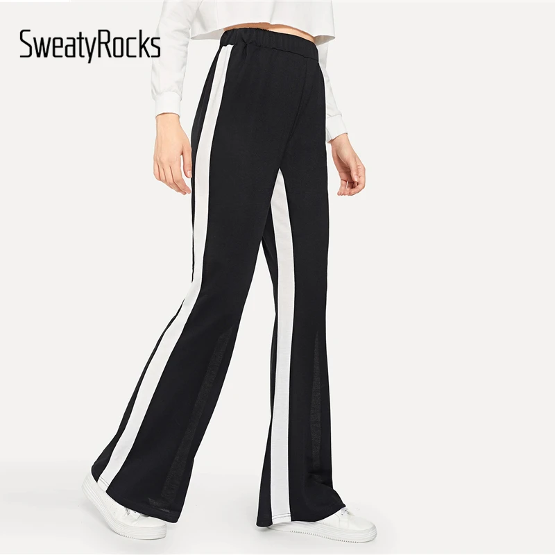 SweatyRocks эластичный пояс широкие брюки уличная мода черные брюки весна Свободные Брюки Женская спортивная одежда брюки