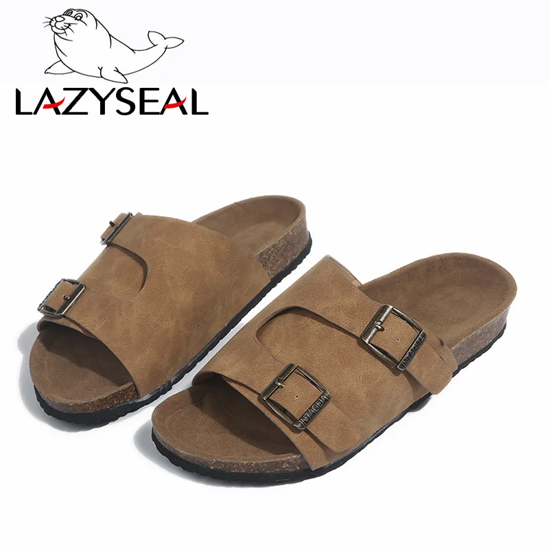 Шлепанцы LazySeal женские на плоской подошве летние пробковые сандалии с пряжкой