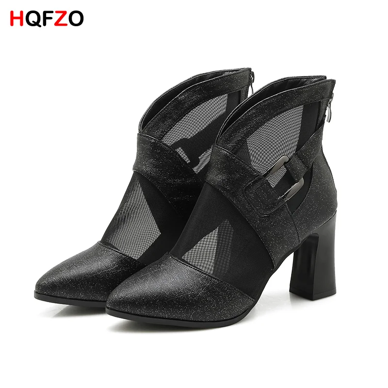 black HQFZO/пикантные женские летние туфли с острым носком на молнии; босоножки из флока на высоком каблуке с сеткой; женские туфли-лодочки; женские босоножки под платье; Цвет Черный; каблук 8 см - Цвет: black