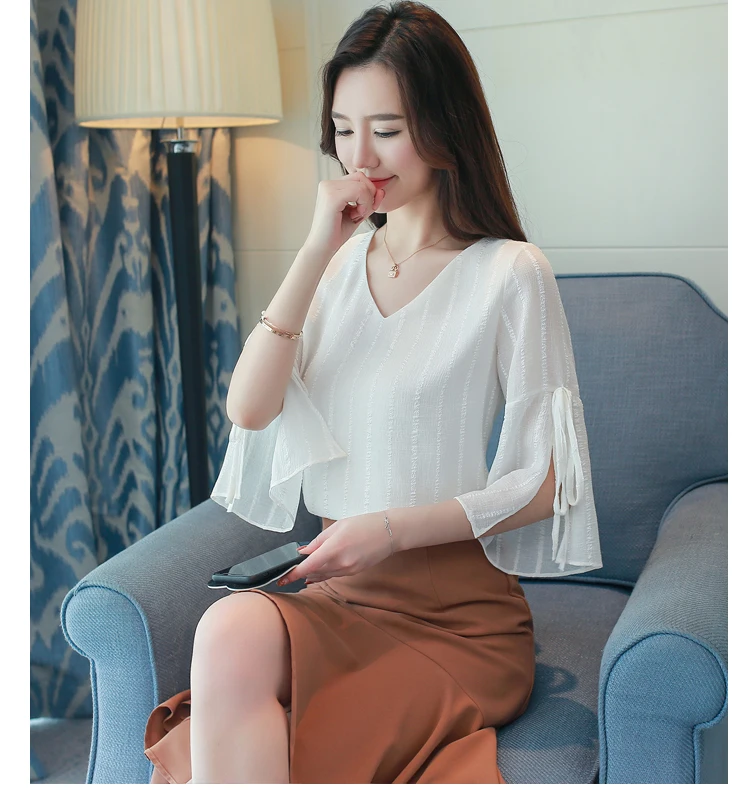 Female Chiffon Clothing 2018 Summer Fashion Blouses Short Sleeve Mujer Shirts Casual Bow Striped Printed Women Blusas Tops F0135 |